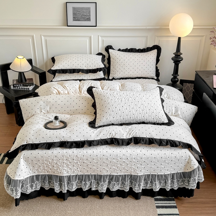 91家纺网 家纺一手货源 找家纺 绣女坊 2025新款时尚印花水洗棉被套款床盖四件套-赫本风 赫本风-波点