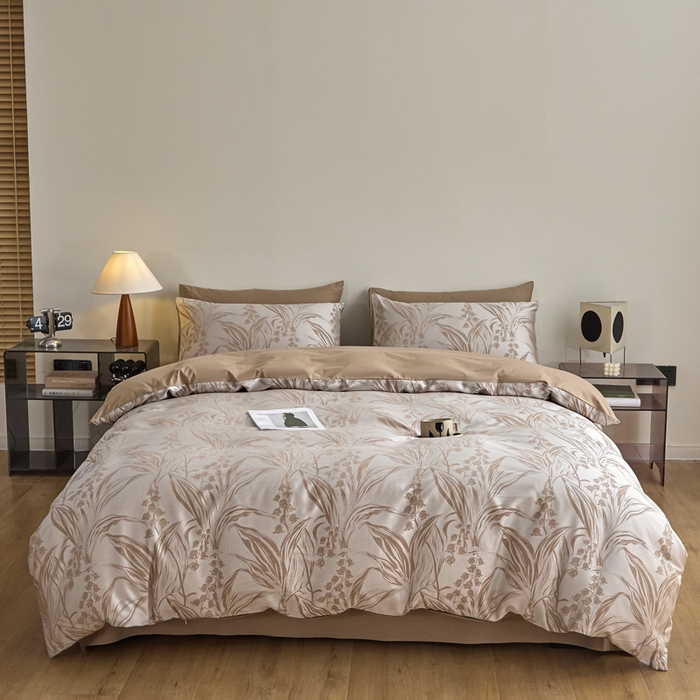 91家纺网 家纺一手货源 找家纺 琪格格纺织  2025新款色织天丝棉提花四件套 风铃草-咖