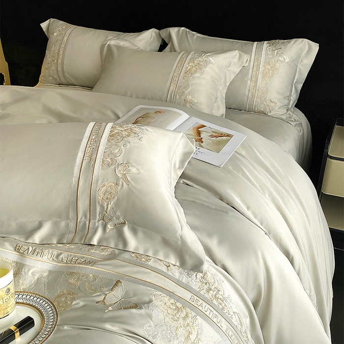 91家纺网 家纺一手货源 找家纺 优悦 2025新款冰丝简奢绣花四件套 巴黎旧梦-绿