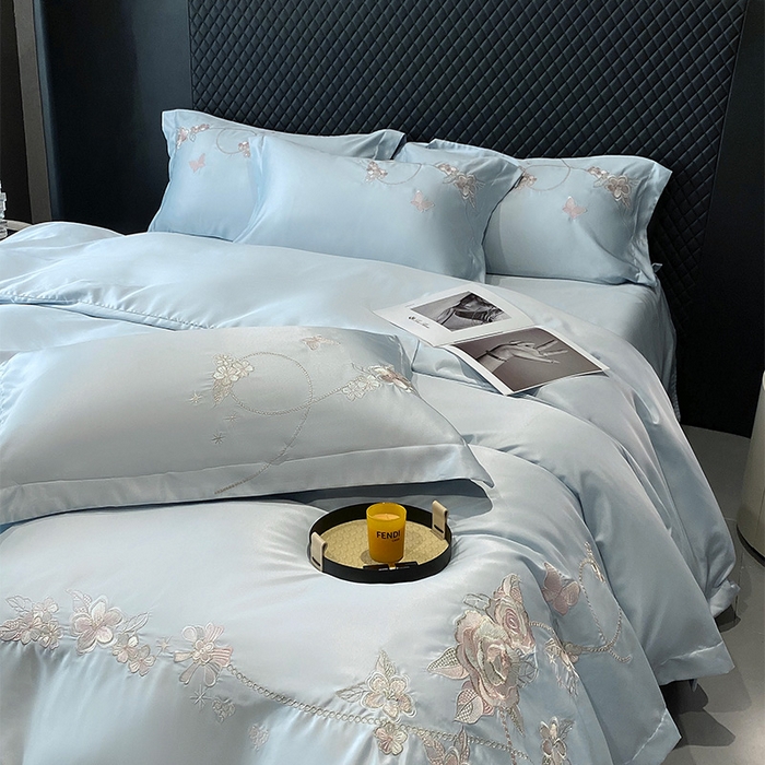 91家纺网 家纺一手货源 找家纺 优悦 2025新款冰丝简奢绣花四件套 雅韵佳人-蓝