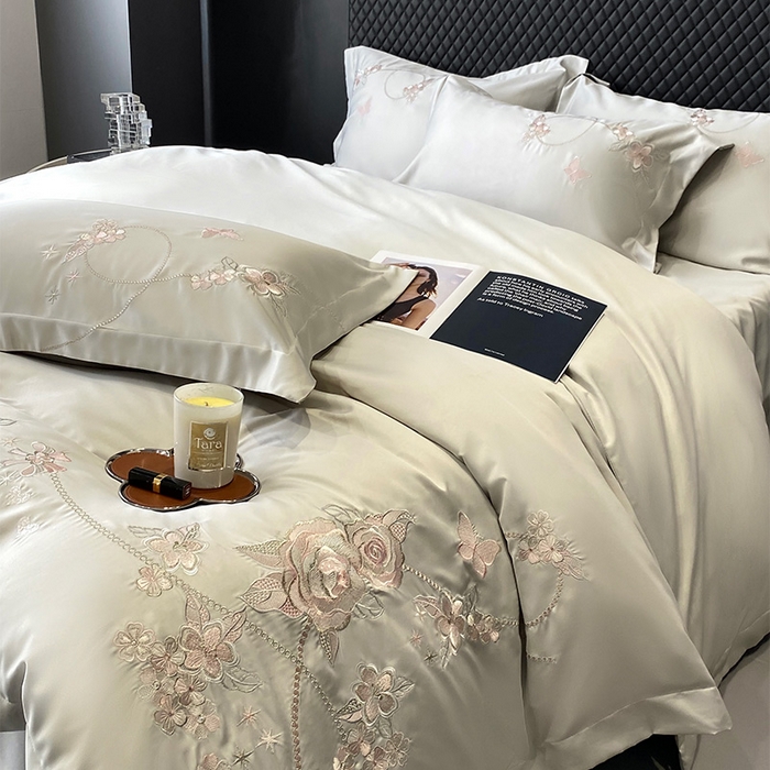 91家纺网 家纺一手货源 找家纺 优悦 2025新款冰丝简奢绣花四件套 雅韵佳人-绿