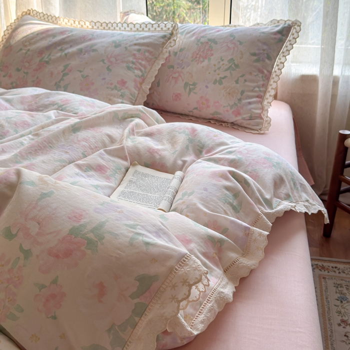 91家纺网 家纺一手货源 找家纺 曼之夏 2025新款A类全棉双层纱花边四件套 如梦令