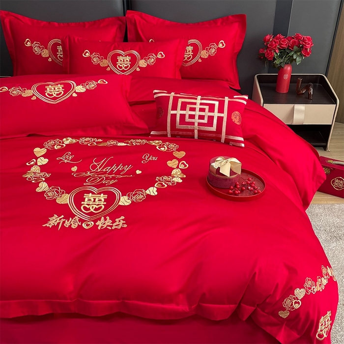 91家纺网 家纺一手货源 找家纺 晶缦家纺 2025新款喷气全棉13376婚庆绣花四件套 新婚快乐-金