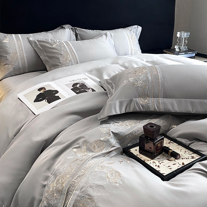 91家纺网 家纺一手货源 找家纺 优悦 2025新款冰丝简奢绣花四件套 巴黎旧梦-灰
