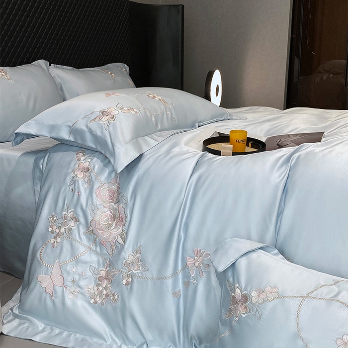 91家纺网 家纺一手货源 找家纺 优悦 2025新款冰丝简奢绣花四件套 雅韵佳人-蓝