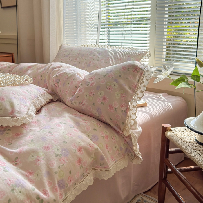 91家纺网 家纺一手货源 找家纺 曼之夏 2025新款A类全棉双层纱花边四件套 晚香玉