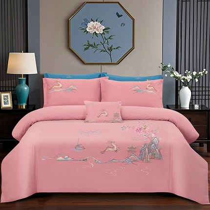 浩情国际婚庆供货中心 2026新款100支全棉高端刺绣四件套一鹿常红系列 一鹿常红-浅咖