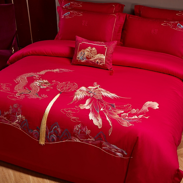 91家纺网 家纺一手货源 找家纺 晶缦家纺 2025新款喷气全棉13376婚庆绣花四件套 龙凤传玺