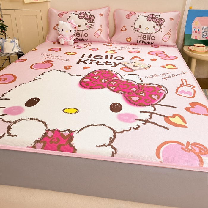 91家纺网 家纺一手货源 找家纺  博雅新款三丽欧A类大版数码印花1200D冰丝凉席-床笠款 甜酷KT