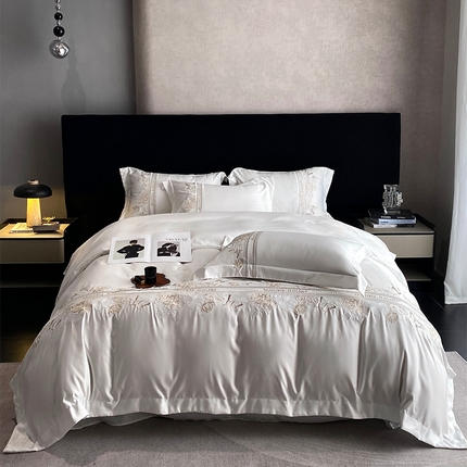 优悦 2025新款冰丝简奢绣花四件套 巴黎旧梦-白