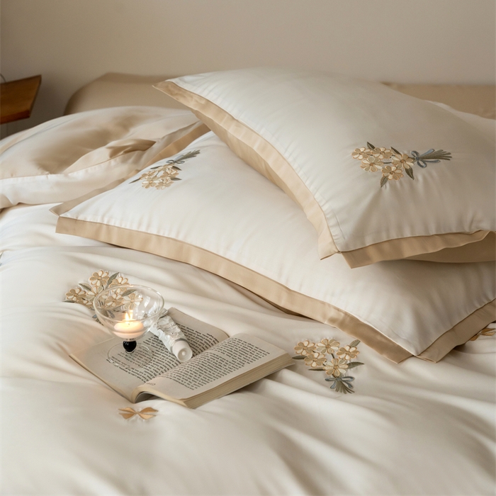 91家纺网 家纺一手货源 找家纺 FORTWO家纺原创设计（FOR TWO家纺） 2025新款60支兰精天丝毛巾绣四件套-断角款 小确幸