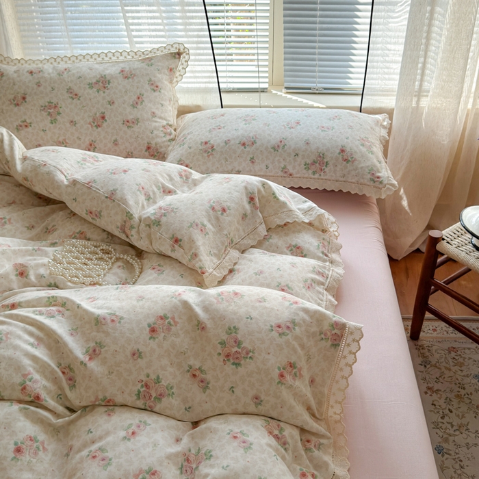 91家纺网 家纺一手货源 找家纺 曼之夏 2025新款A类全棉双层纱花边四件套 洛神玫瑰