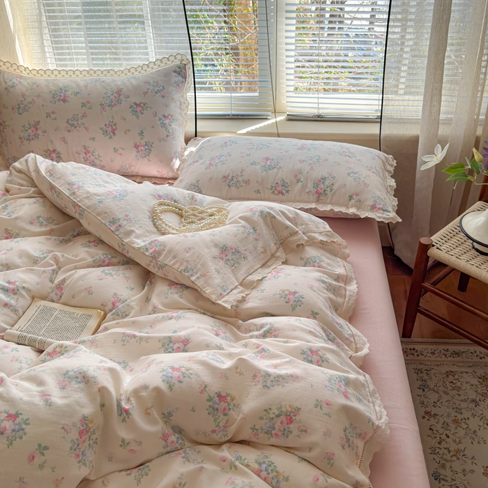 91家纺网 家纺一手货源 找家纺 曼之夏 2025新款A类全棉双层纱花边四件套 茉莉