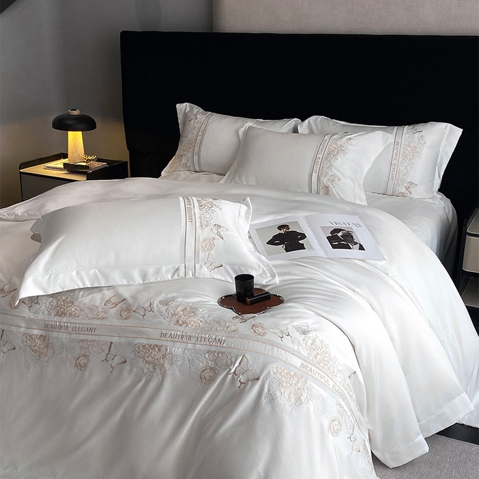 91家纺网 家纺一手货源 找家纺 优悦 2025新款冰丝简奢绣花四件套 巴黎旧梦-白