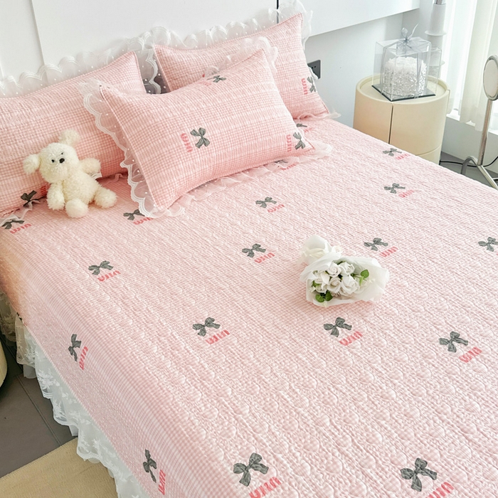 91家纺网 家纺一手货源 找家纺 添越 2024新款雪纺蕾丝款纯棉床盖四件套粉色蝴蝶结