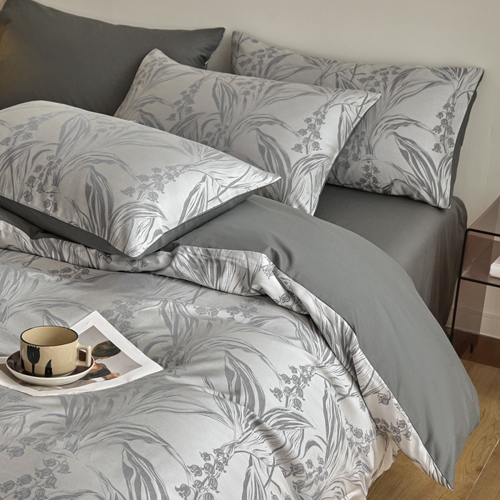 91家纺网 家纺一手货源 找家纺 琪格格纺织  2025新款色织天丝棉提花四件套 风铃草-灰