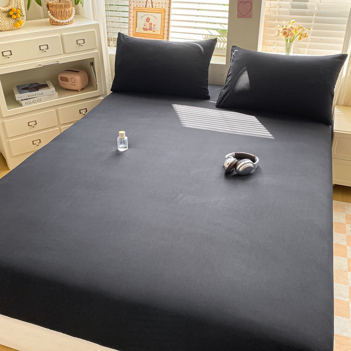 91家纺网 家纺一手货源 找家纺 芷凡家纺 2025新款水洗皱皱云感棉纯色床笠 酷黑