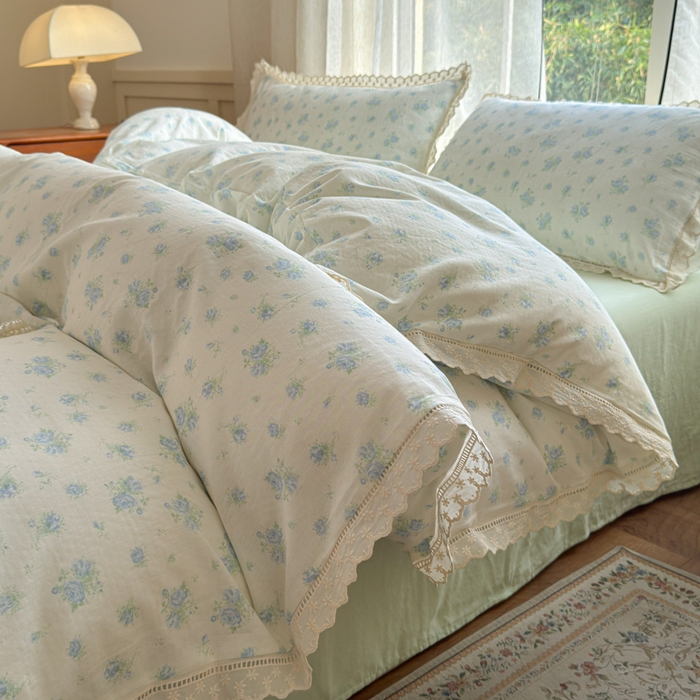 91家纺网 家纺一手货源 找家纺 曼之夏 2025新款A类全棉双层纱花边四件套 观夏