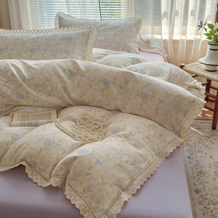 91家纺网 家纺一手货源 找家纺 曼之夏 2025新款A类全棉双层纱花边四件套 郁金香