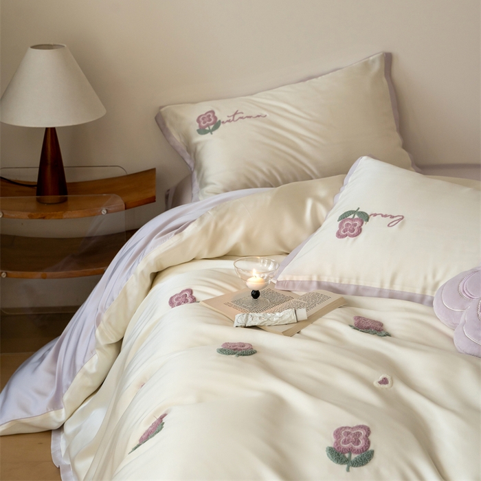 91家纺网 家纺一手货源 找家纺 FORTWO家纺原创设计（FOR TWO家纺） 2025新款60支兰精天丝毛巾绣四件套-断角款 心动