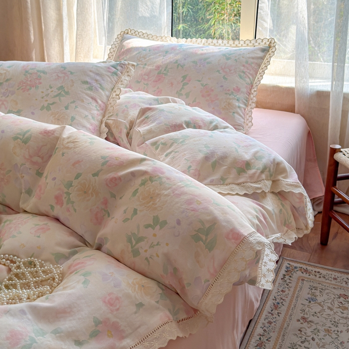 91家纺网 家纺一手货源 找家纺 曼之夏 2025新款A类全棉双层纱花边四件套 如梦令