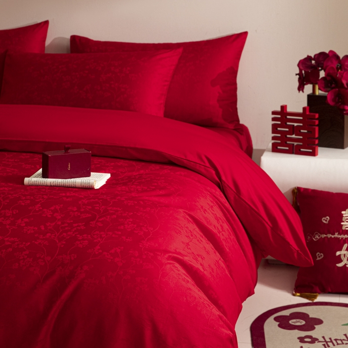 91家纺网 家纺一手货源 找家纺 琪格格纺织 2025新款纯棉婚庆四件套结婚用品提花简约婚庆 叶满良缘