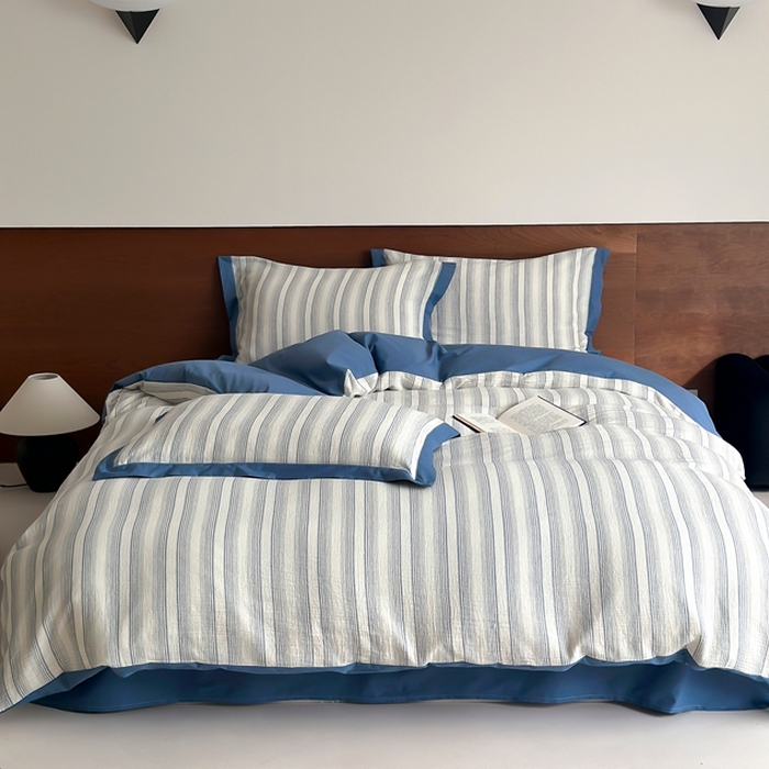 91家纺网 家纺一手货源 找家纺 旷野2025新款全棉纯棉A类婴幼儿级双层纱皱皱纱四件套 理想三旬-蓝