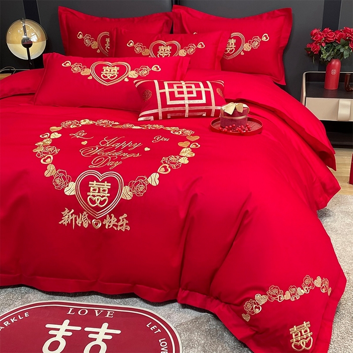 91家纺网 家纺一手货源 找家纺 晶缦家纺 2025新款喷气全棉13376婚庆绣花四件套 新婚快乐-金