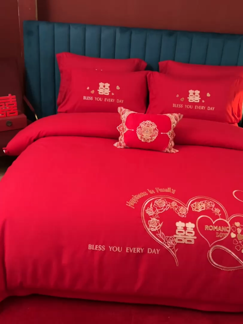 91家纺网 家纺一手货源 找家纺 晶缦家纺 2025新款喷气全棉13376婚庆绣花四件套 永结同心