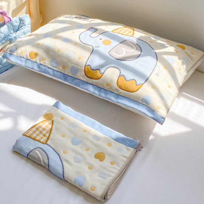 91家纺网 家纺一手货源 找家纺 美宜家 2025新款40*60儿童纯棉A类纱布枕巾乳胶专用高档枕巾 小象乐园 一只