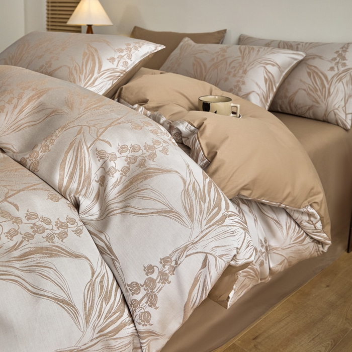 91家纺网 家纺一手货源 找家纺 琪格格纺织  2025新款色织天丝棉提花四件套 风铃草-咖