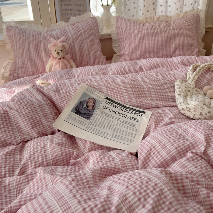 91家纺网 家纺一手货源 找家纺 （总）轻奢坊 2025新款色织提花格子水洗棉仙仙花边安妮四件套