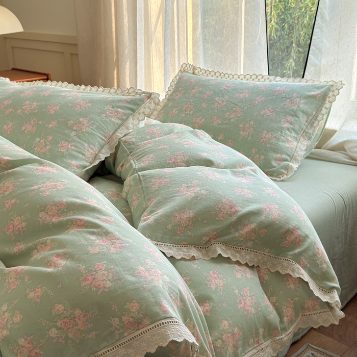 91家纺网 家纺一手货源 找家纺 曼之夏 2025新款A类全棉双层纱花边四件套 苏打绿
