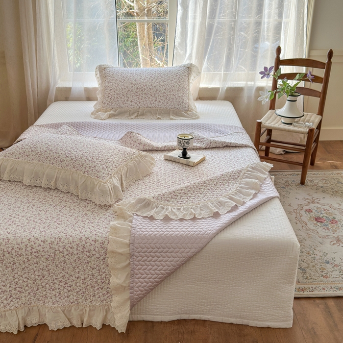 91家纺网 家纺一手货源 找家纺 淑女公社家纺  2025春夏新款法式纯棉双层纱夏被床盖四件套 悦颜 紫