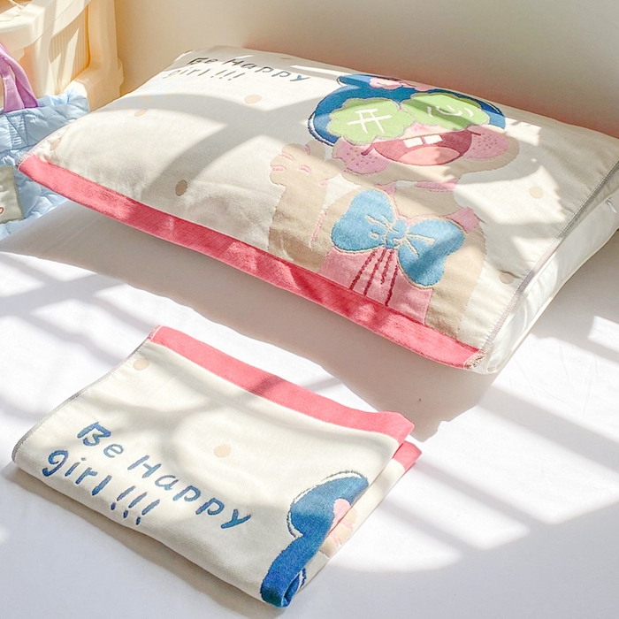 91家纺网 家纺一手货源 找家纺 美宜家 2025新款40*60儿童纯棉A类纱布枕巾乳胶专用高档枕巾 快乐 一只