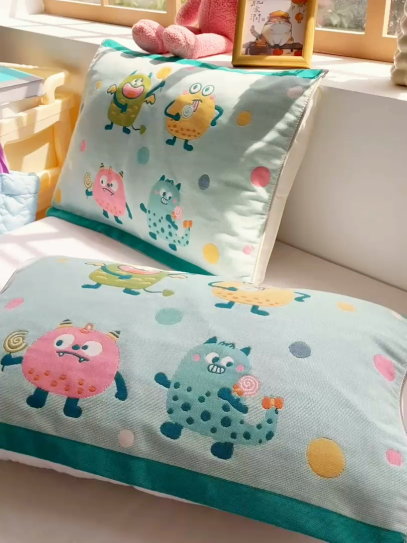 91家纺网 家纺一手货源 找家纺 美宜家 2025新款40*60儿童纯棉A类纱布枕巾乳胶专用高档枕巾 波点兽 一只