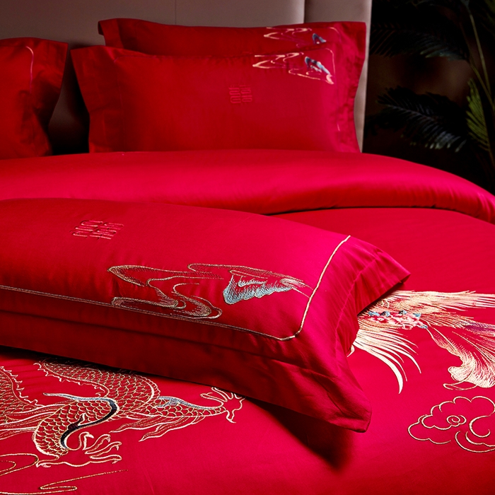 91家纺网 家纺一手货源 找家纺 晶缦家纺 2025新款喷气全棉13376婚庆绣花四件套 龙凤传玺