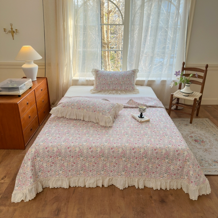 91家纺网 家纺一手货源 找家纺 淑女公社家纺  2025春夏新款法式纯棉双层纱夏被床盖四件套 繁花