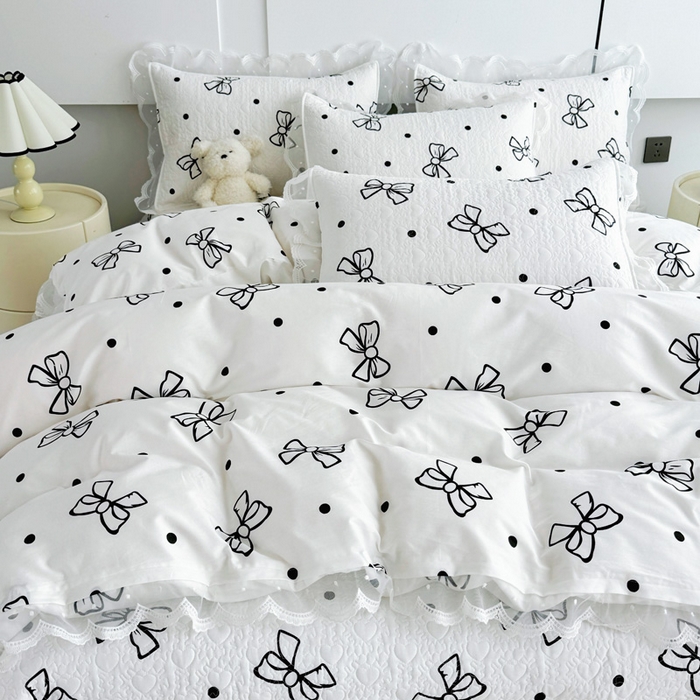 91家纺网 家纺一手货源 找家纺 添越 2024新款雪纺蕾丝款纯棉床盖四件套白色蝴蝶结