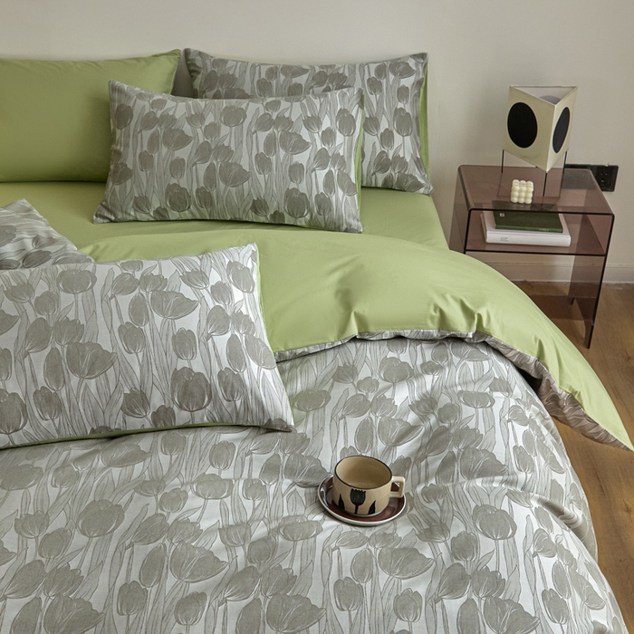 91家纺网 家纺一手货源 找家纺 琪格格纺织  2025新款色织天丝棉提花四件套 风之语-绿