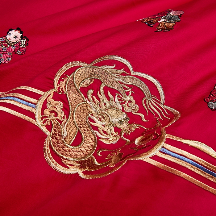 91家纺网 家纺一手货源 找家纺 晶缦家纺 2025新款喷气全棉13376婚庆绣花四件套 麒麟送子