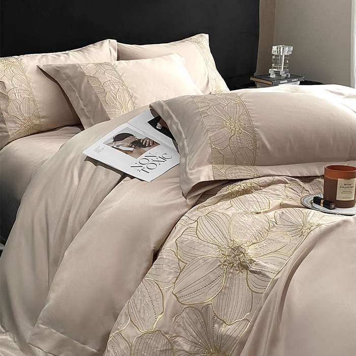 91家纺网 家纺一手货源 找家纺 优悦 2025新款冰丝简奢绣花四件套 北欧情调-香槟
