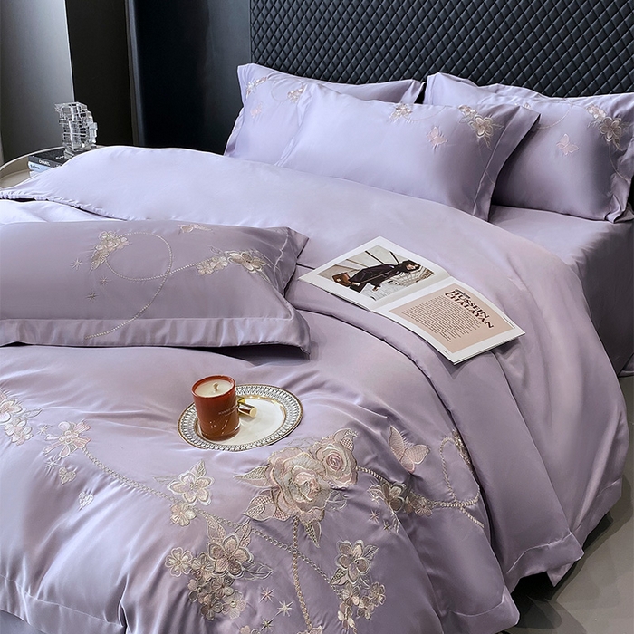 91家纺网 家纺一手货源 找家纺 优悦 2025新款冰丝简奢绣花四件套 雅韵佳人-紫