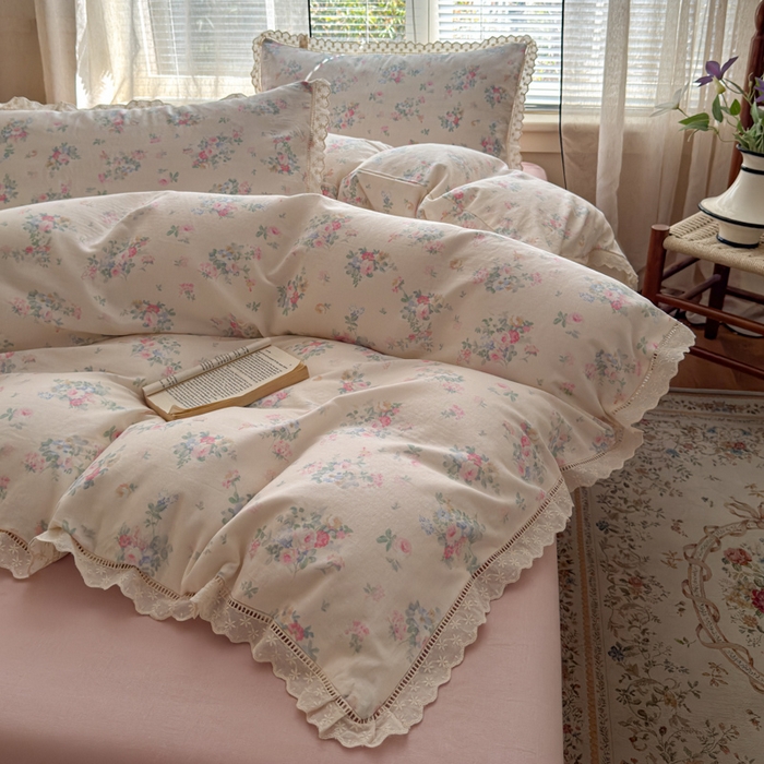 91家纺网 家纺一手货源 找家纺 曼之夏 2025新款A类全棉双层纱花边四件套 茉莉