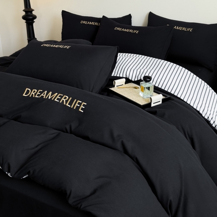 91家纺网 家纺一手货源 找家纺 （总）千希家纺 2025新款轻奢简约亲肤棉绣花刺绣四件套-赛尔系列,赛尔-星耀黑,赛尔-蜜桃粉,赛尔-莫尼灰,赛尔-雾霾蓝