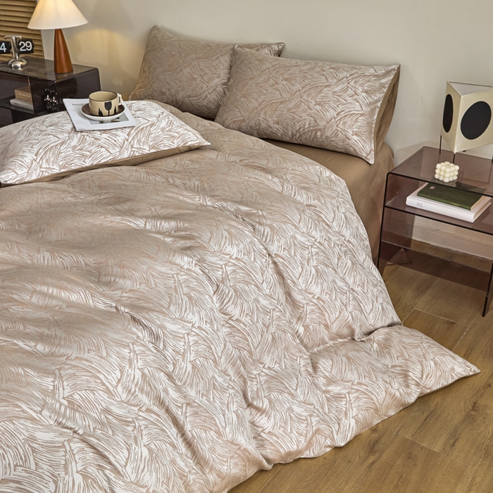 91家纺网 家纺一手货源 找家纺 琪格格纺织  2025新款色织天丝棉提花四件套 幻境-浅棕