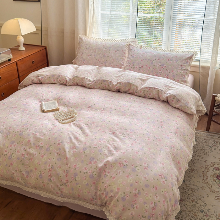 91家纺网 家纺一手货源 找家纺 曼之夏 2025新款A类全棉双层纱花边四件套 晚香玉