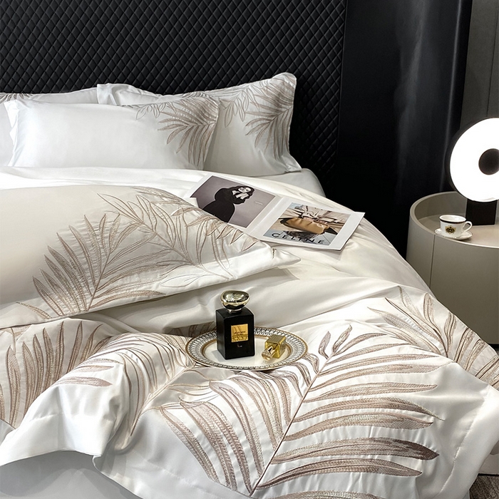 91家纺网 家纺一手货源 找家纺 优悦 2025新款冰丝简奢绣花四件套 流光岁月-白