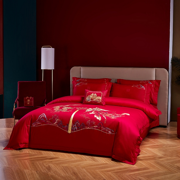 91家纺网 家纺一手货源 找家纺 晶缦家纺 2025新款喷气全棉13376婚庆绣花四件套 龙凤传玺