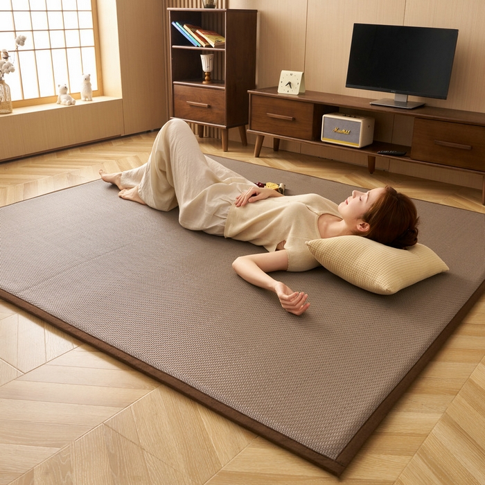 91家纺网 家纺一手货源 找家纺 锦丝钰床垫  2025新款高端Pe冷感藤席地铺垫 Pe灰咖